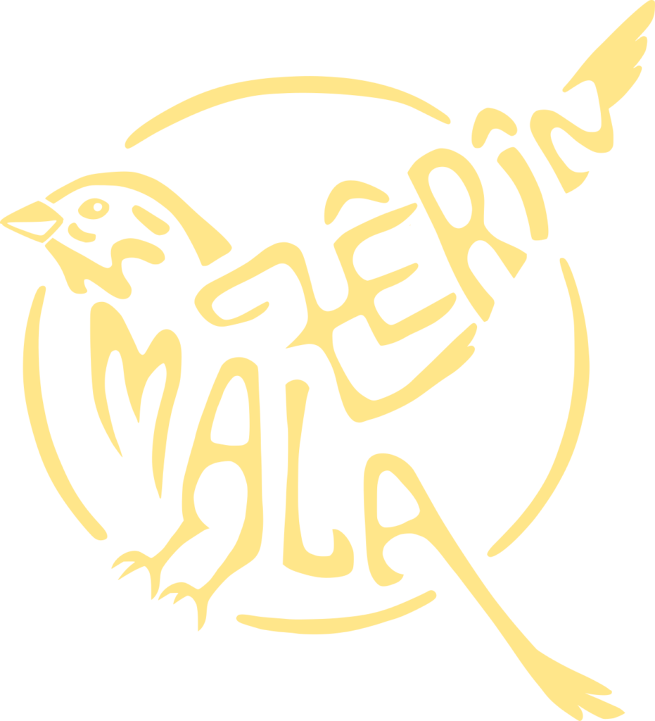 Logo: Mala Zêrîn; gelbe Graphik eines Vogels: die Flügel sind gleichzeitig der Schriftzug Mala Zêrîn.